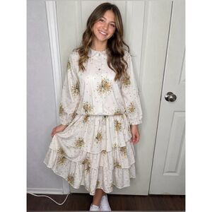 Olivia Rohde Floral Tiered Ruffle Midi Dress Cream Floral Sz S Cottagecore